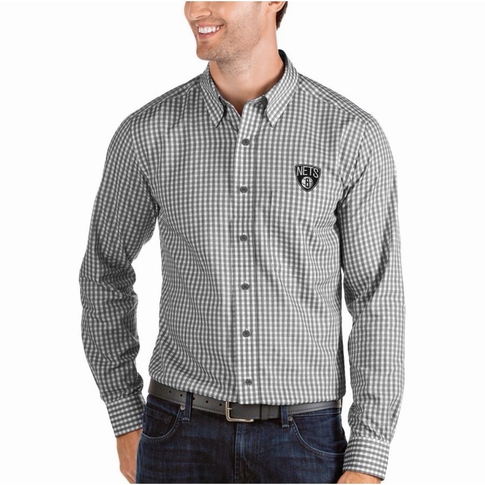 Brooklyn Nets Antigua Black/White Structure Long Sleeve Button-Up Shirt Men Smll